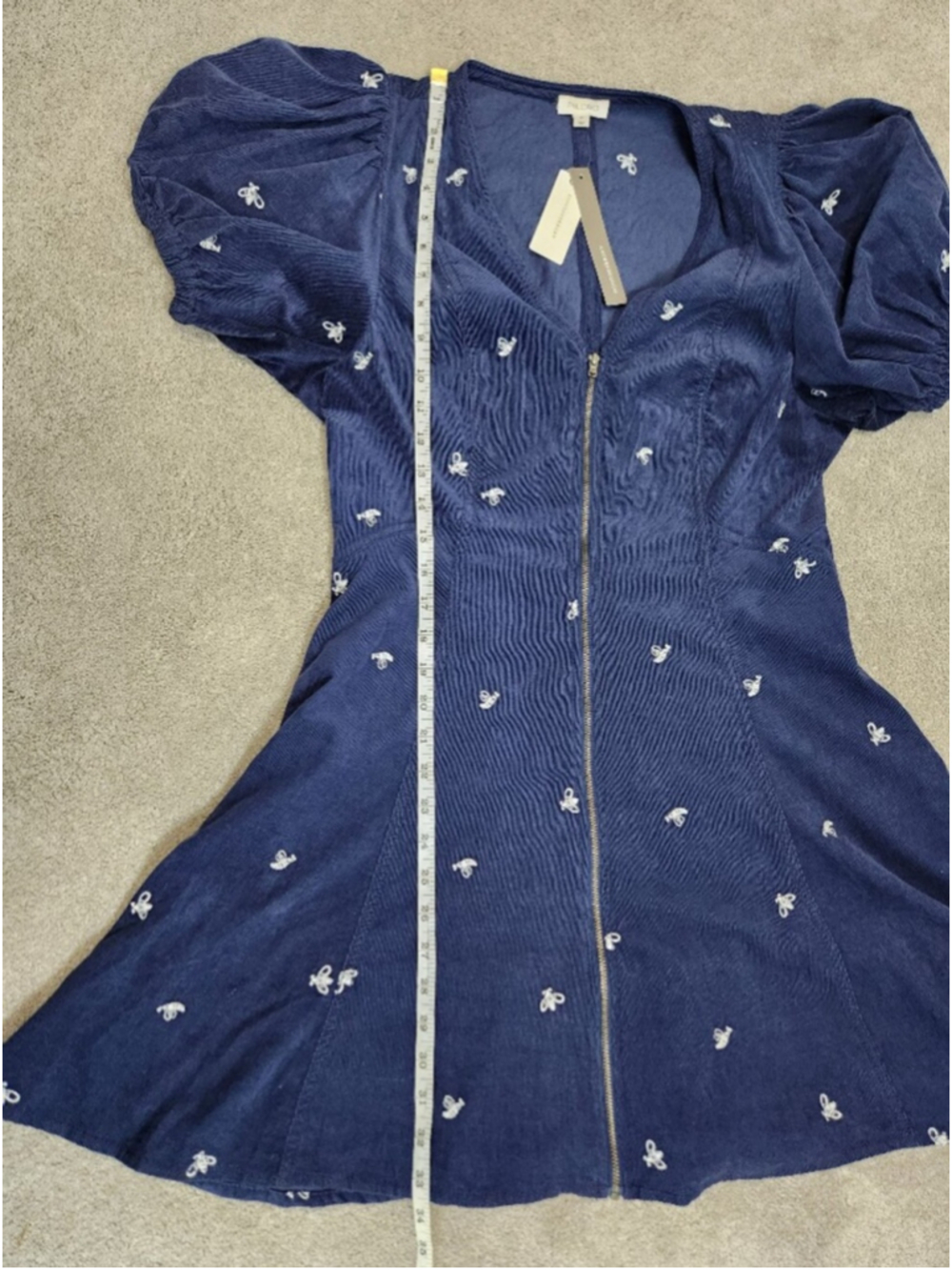 Pilcro Anthropologie Corduroy Blue Dress Puff Sleeve Embroidered Bees Sz M Cute - Picture 9 of 12